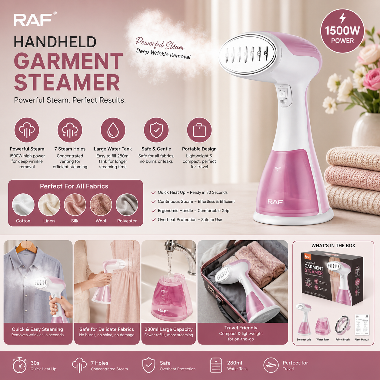 RAF Handheld Garment Steamer – 1500W Portable Clothes Steamer with Powerful Steam