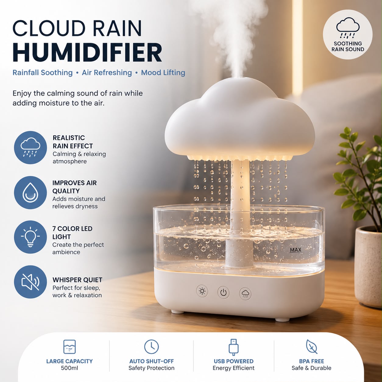 Cloud Rain Humidifier & Essential Oil Diffuser with 7-Color LED Night Light